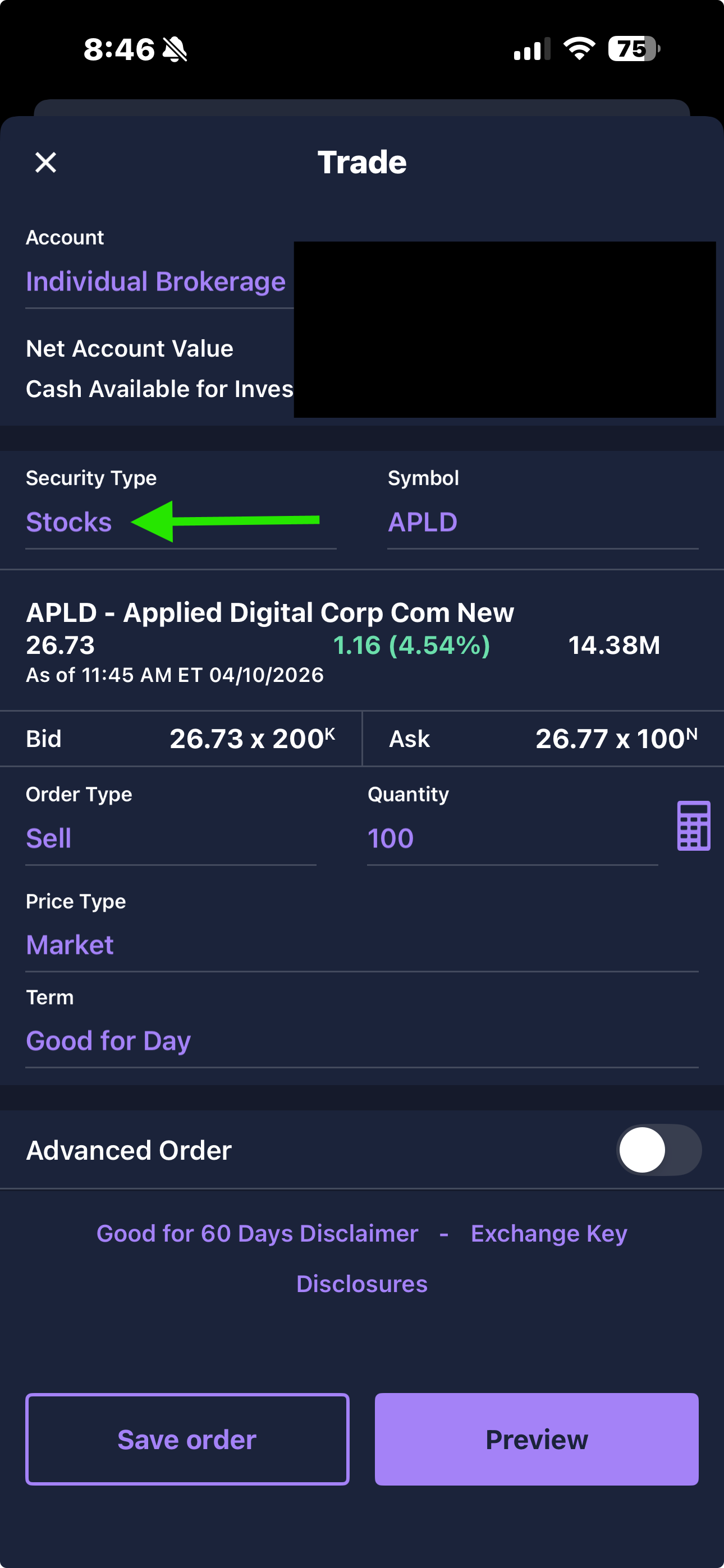 E*TRADE trade ticket with Security Type set to Stocks — arrow pointing to the field