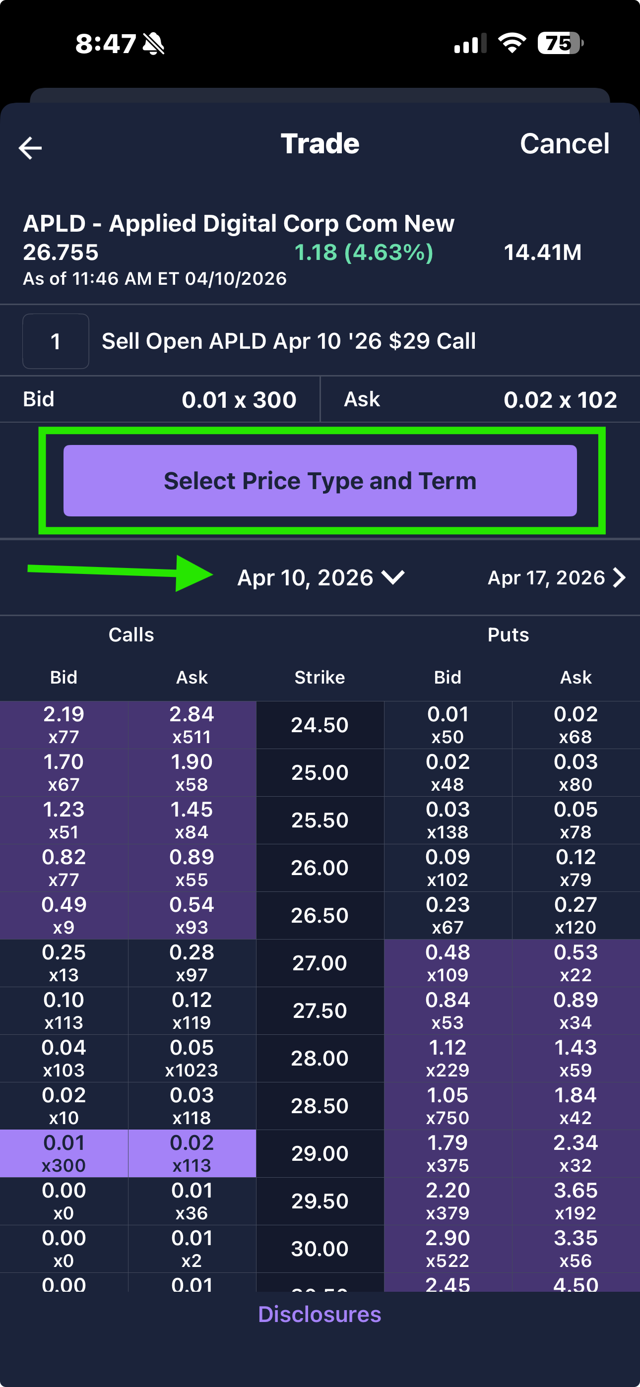 E*TRADE options chain showing expiration dates, calls and puts columns