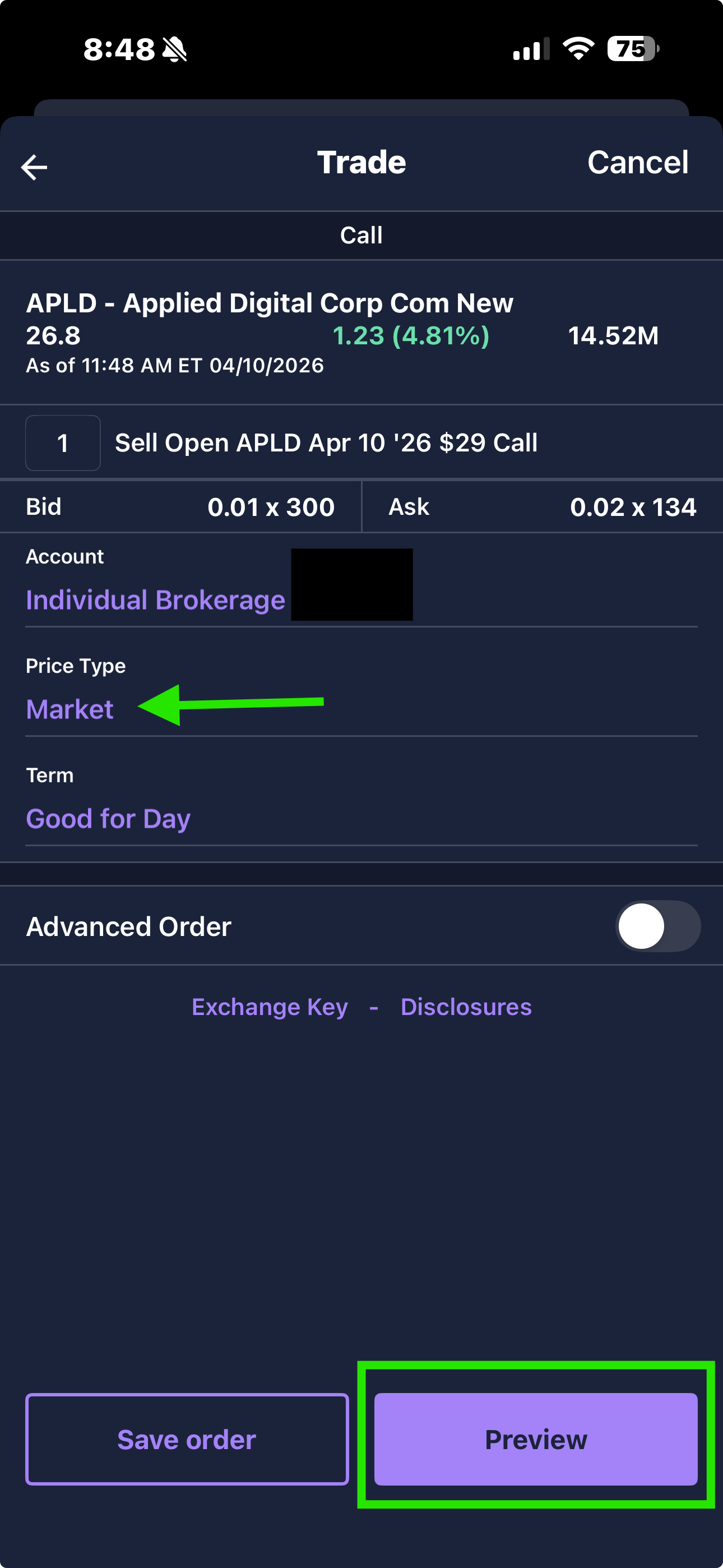 E*TRADE order screen with Price Type set to Market and the Preview button highlighted