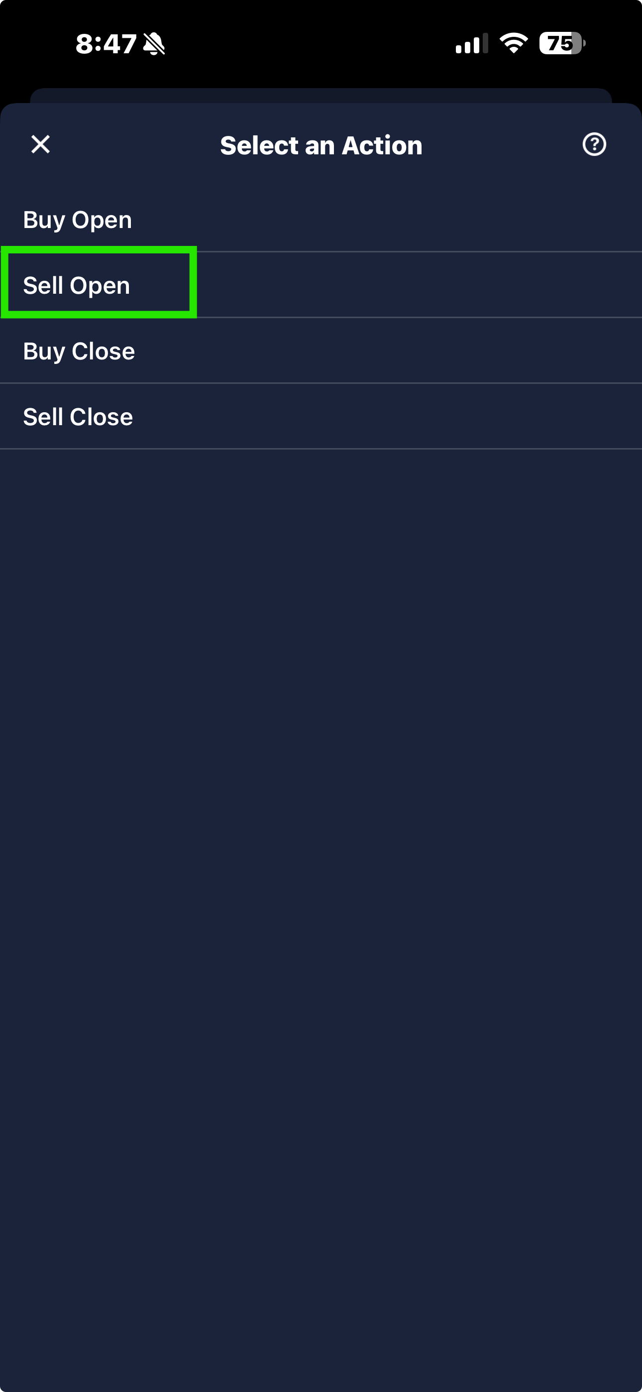 E*TRADE Select an Action screen showing Buy Open, Sell Open, Buy Close, and Sell Close