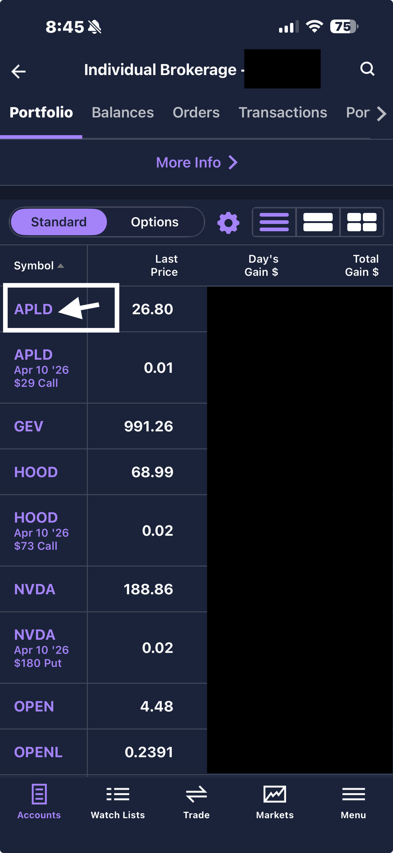 E*TRADE portfolio view showing APLD selected in the holdings list