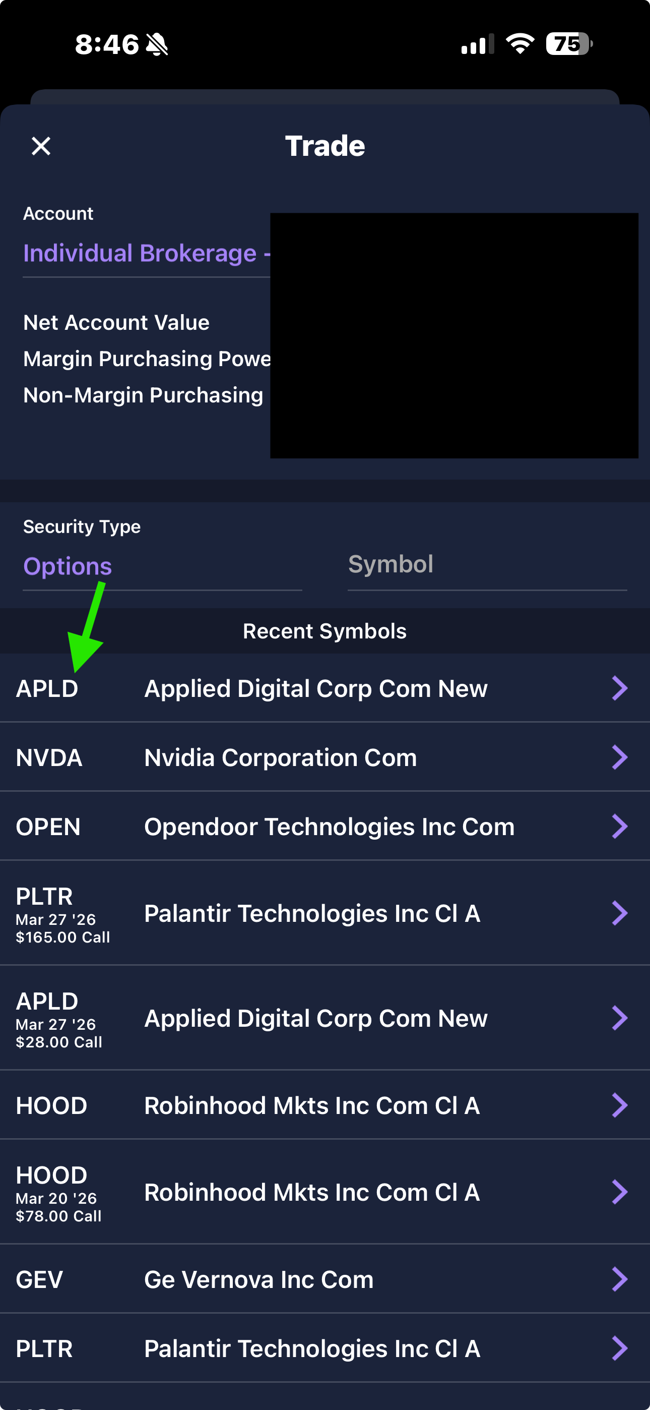E*TRADE trade screen with Security Type changed to Options showing recent symbols list
