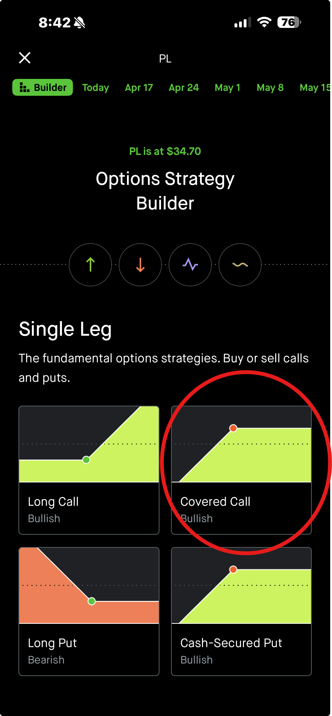 Robinhood Options Strategy Builder with Covered Call card highlighted