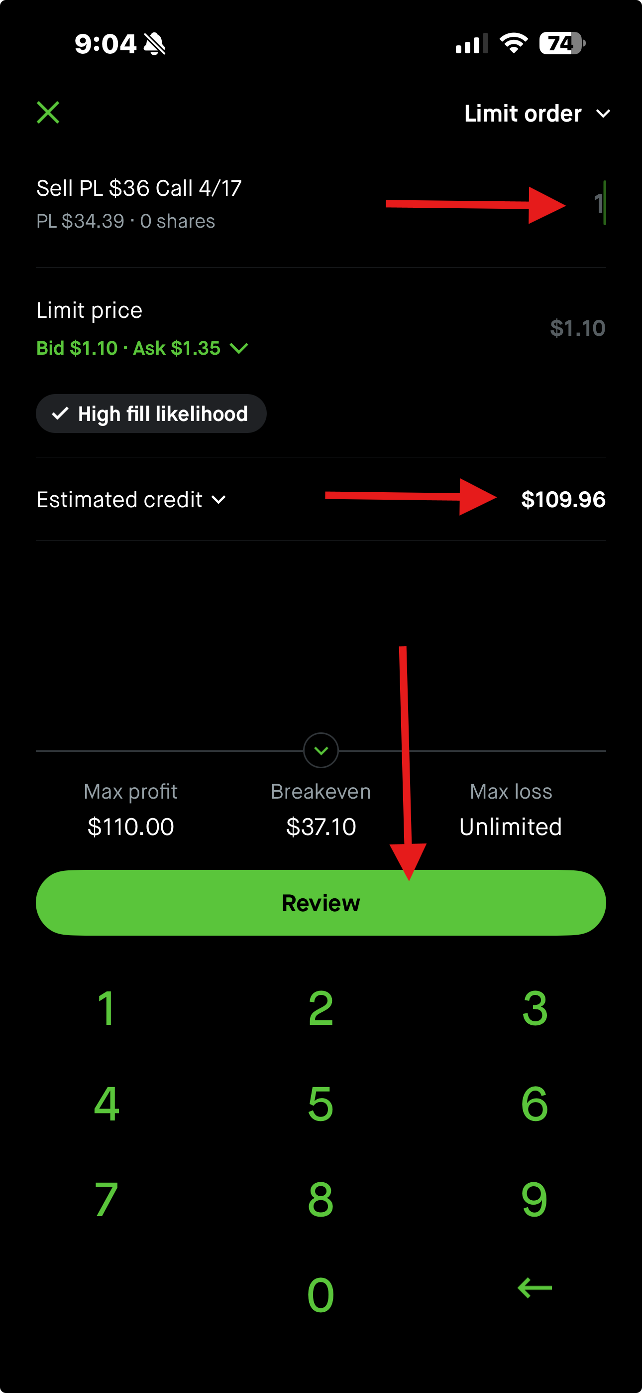 Robinhood covered call order confirmation screen showing estimated credit, max profit, breakeven, and Review button